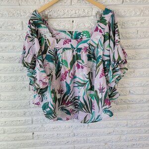 Terra Sky Womens Top 2X Plus Bell Sleeve Green Pink Floral Cotton FLO99E